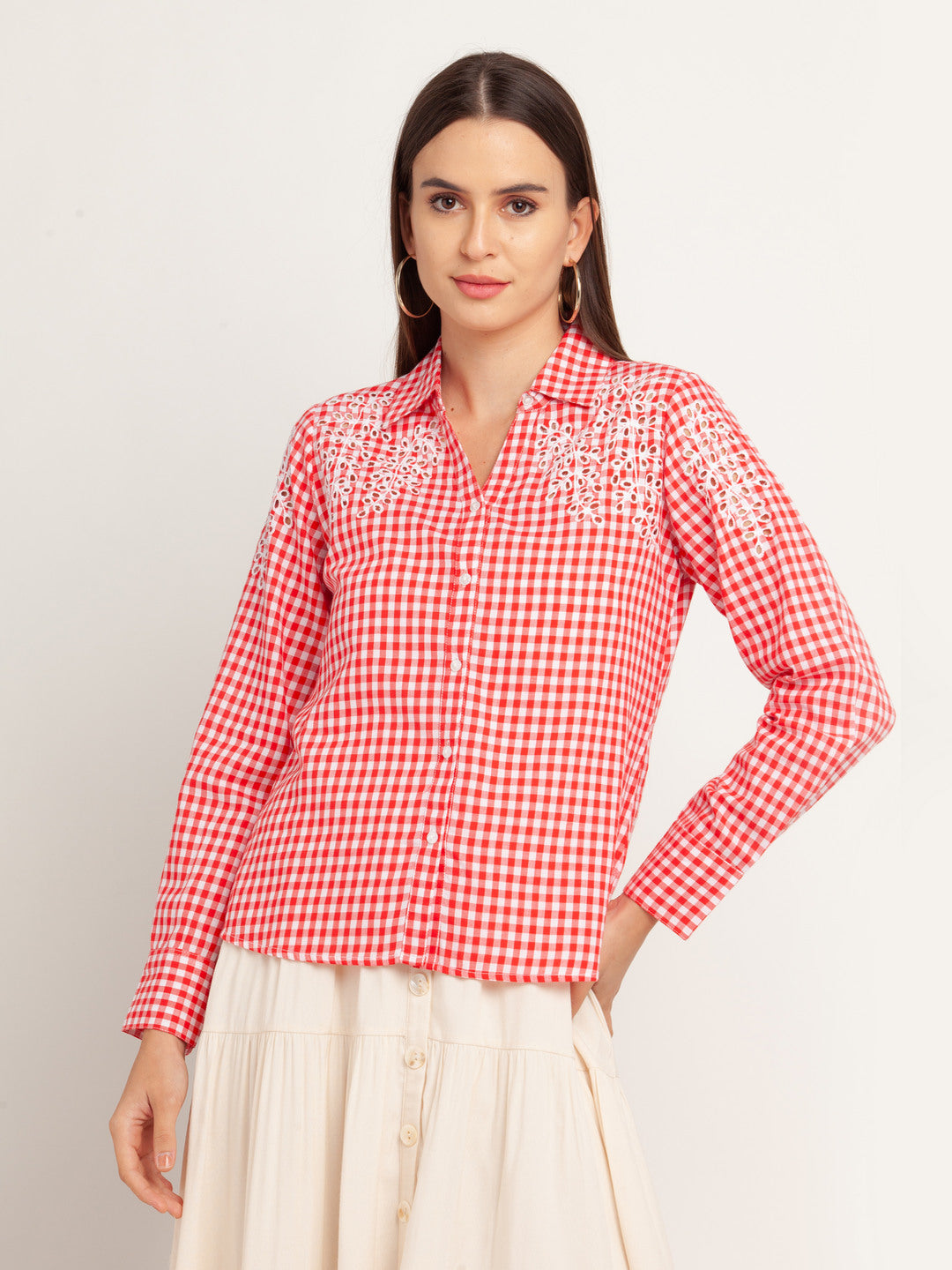 Red Striped Long Sleeves Top For Women