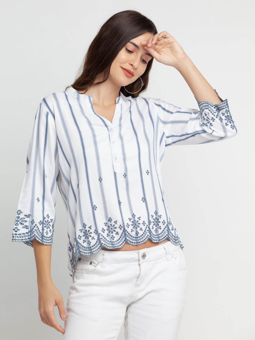 White Embroidered Regular Top