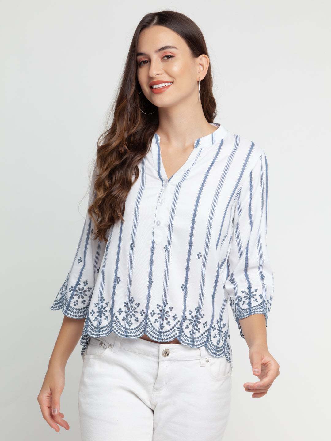 White Embroidered Regular Top