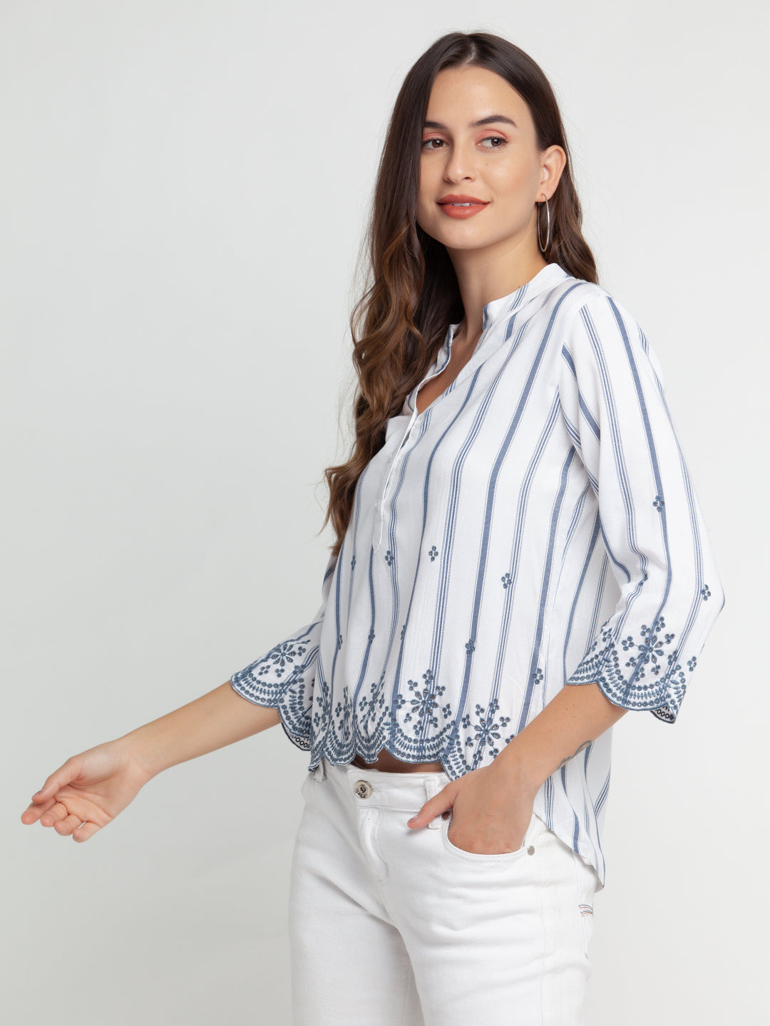 White Embroidered Regular Top