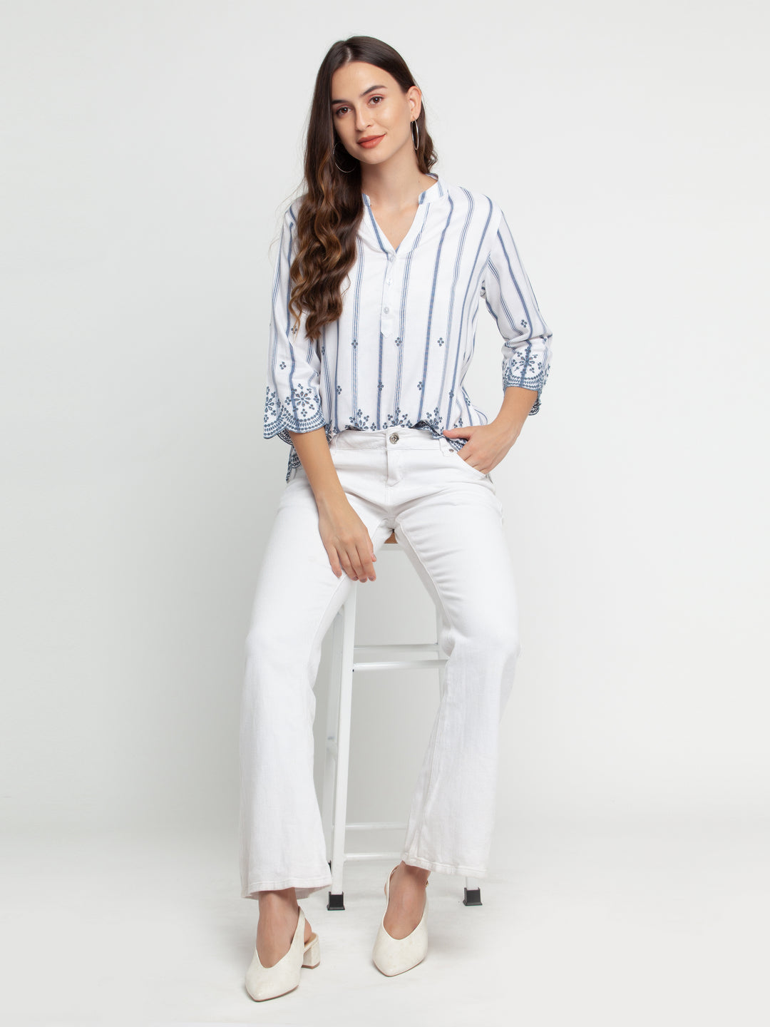 White Embroidered Regular Top