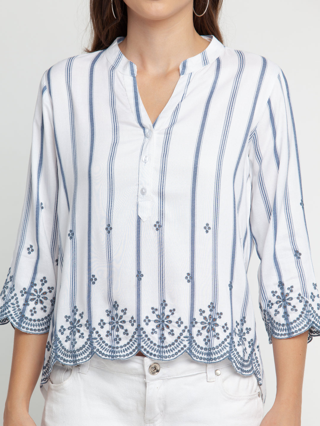 White Embroidered Regular Top