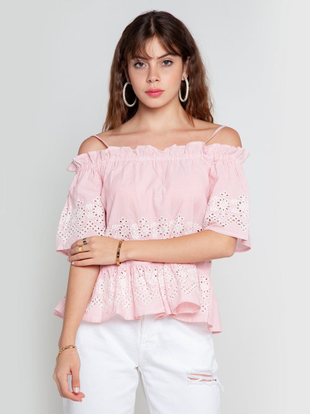 Pink Embroidered Bardot Top for Women
