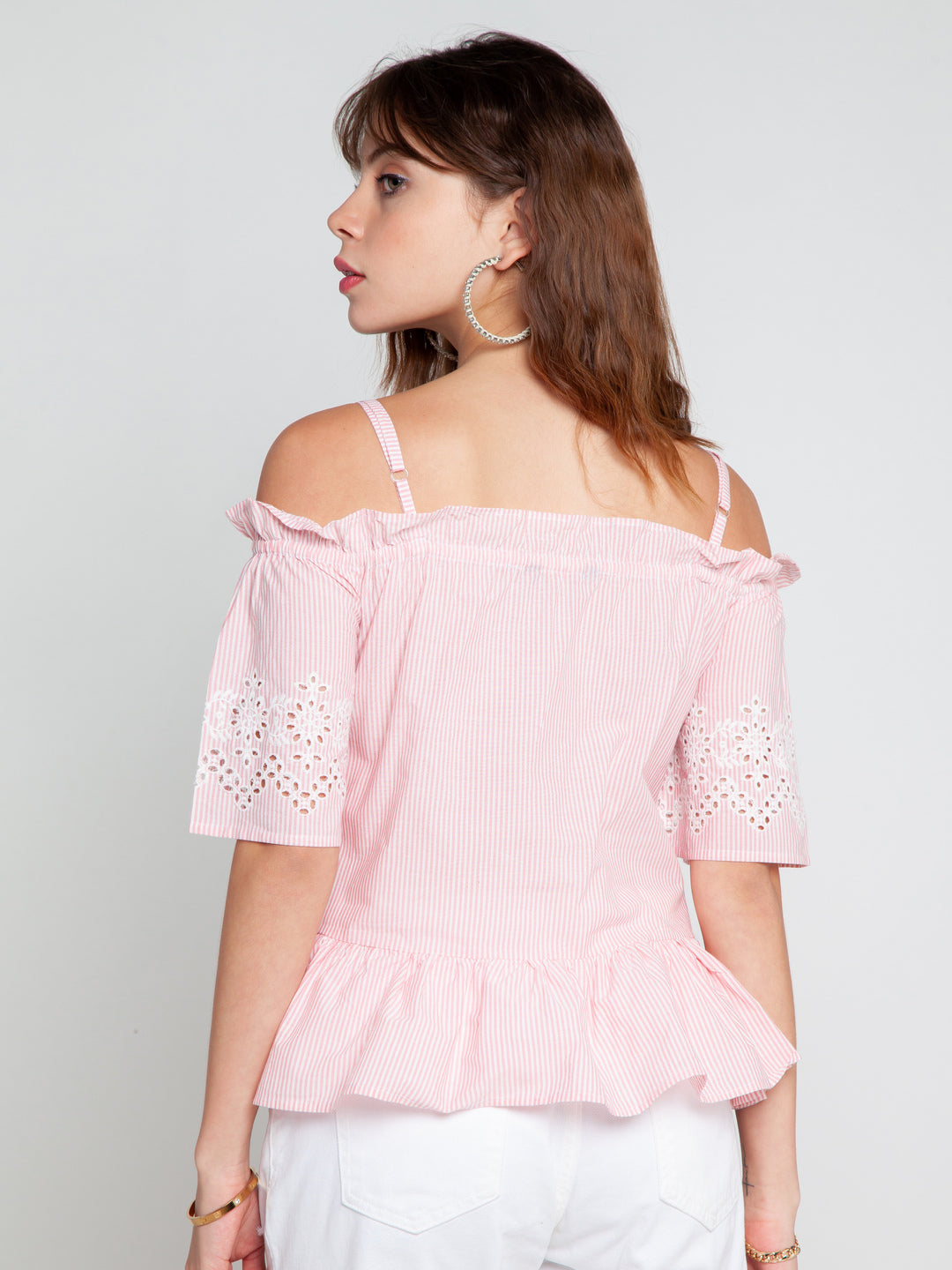 Pink Embroidered Bardot Top for Women