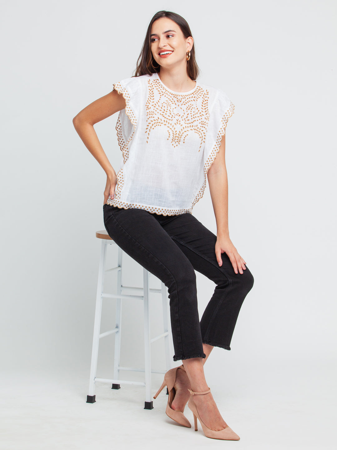 White Embroidered Regular Top