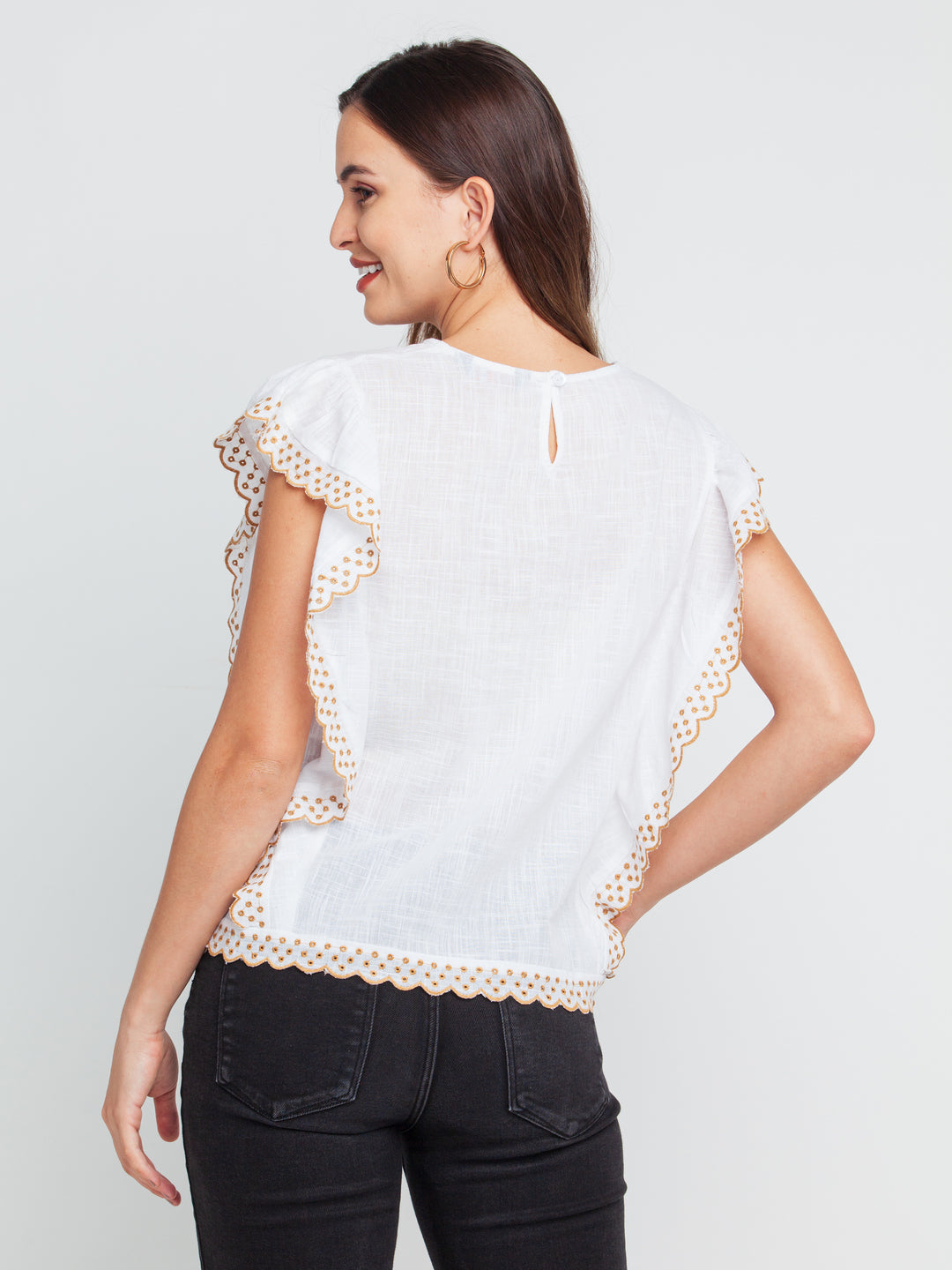White Embroidered Regular Top For Women