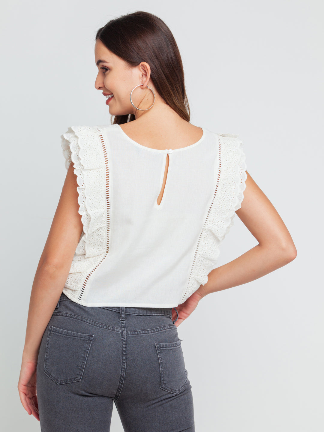 White Lace Lace Insert Top For Women