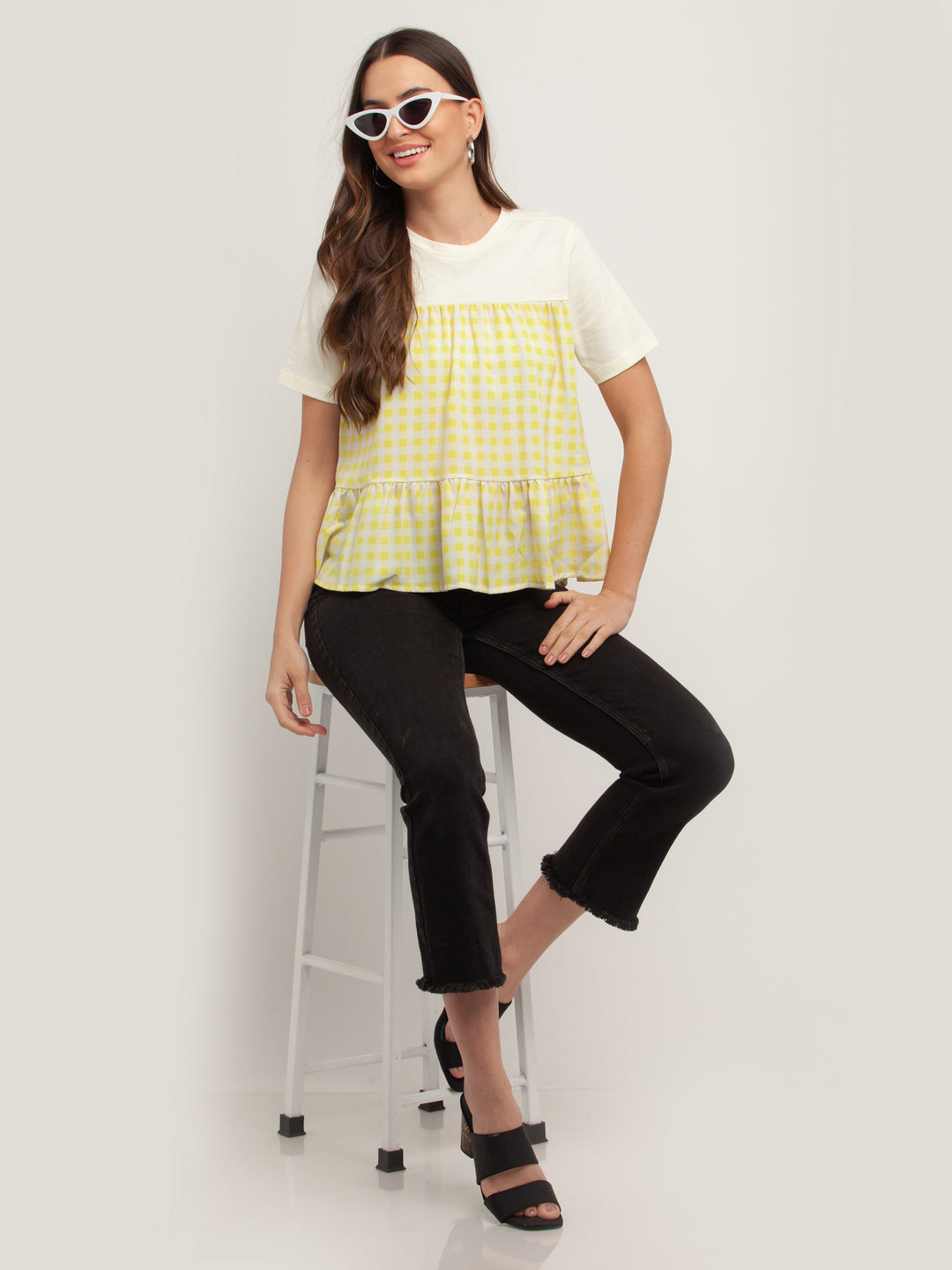Off White Checked Short Sleeves Top For Women