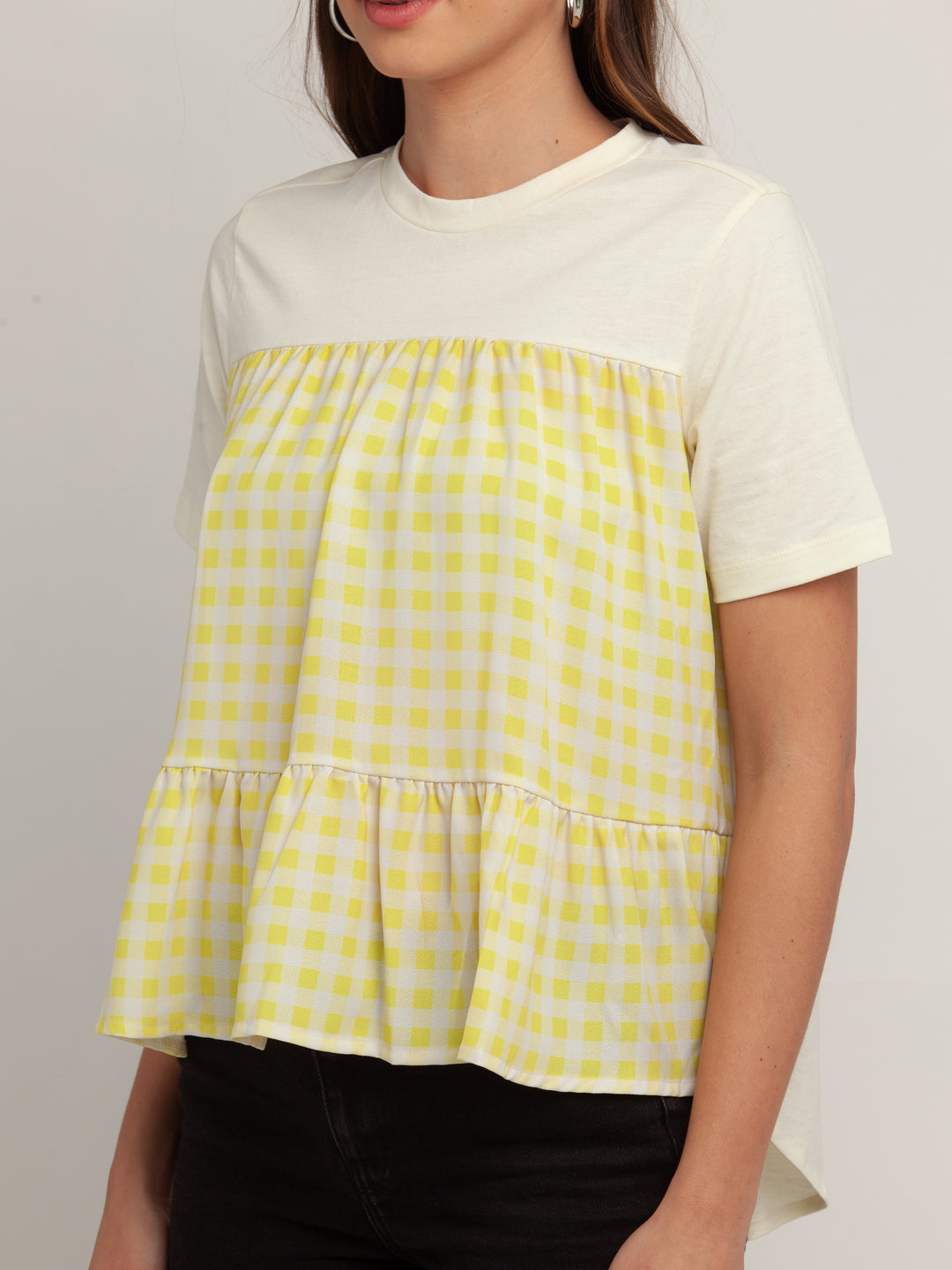 Off White Checked Short Sleeves Top For Women