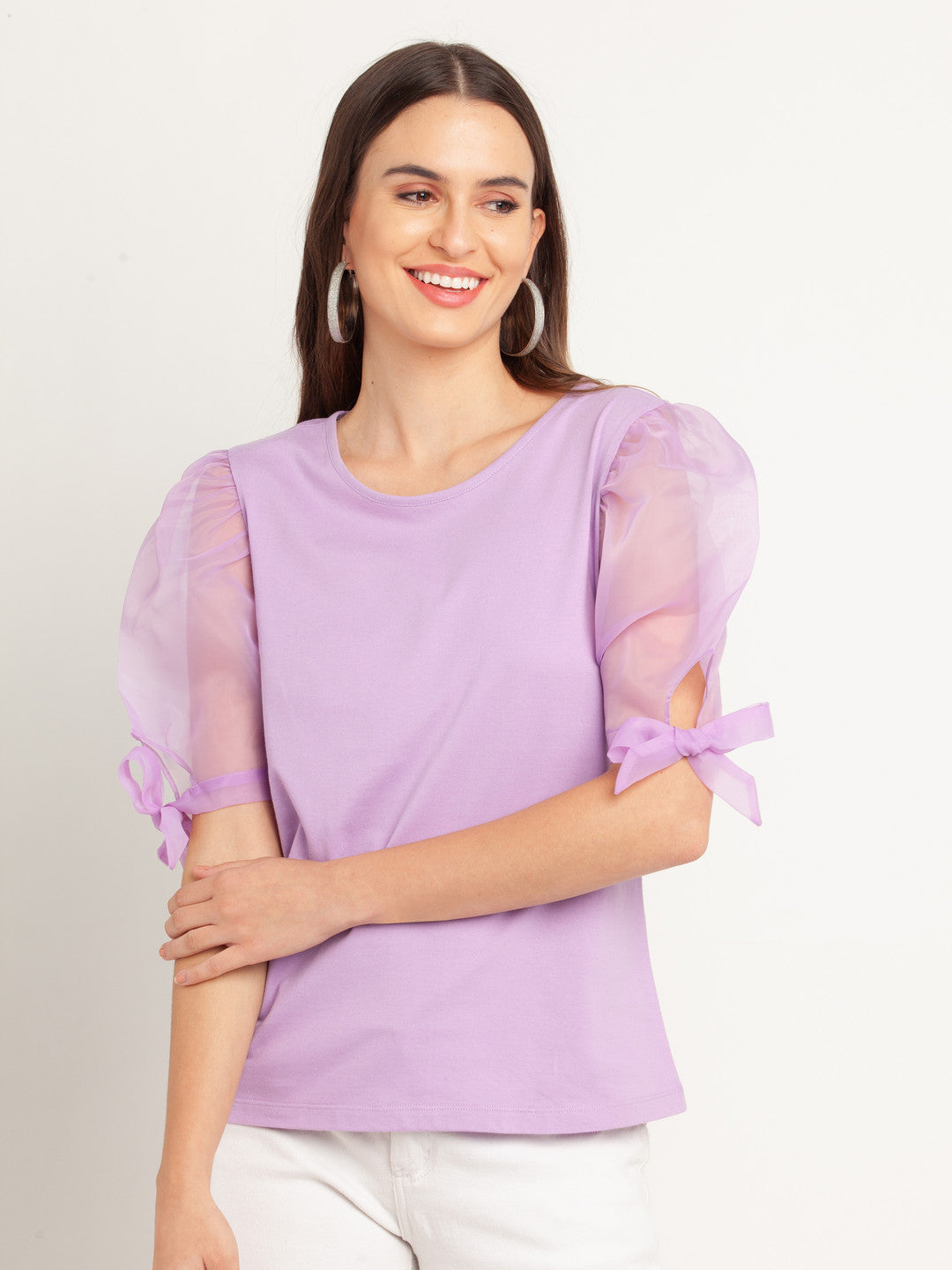 Purple Solid Short Sleeves Top For Women