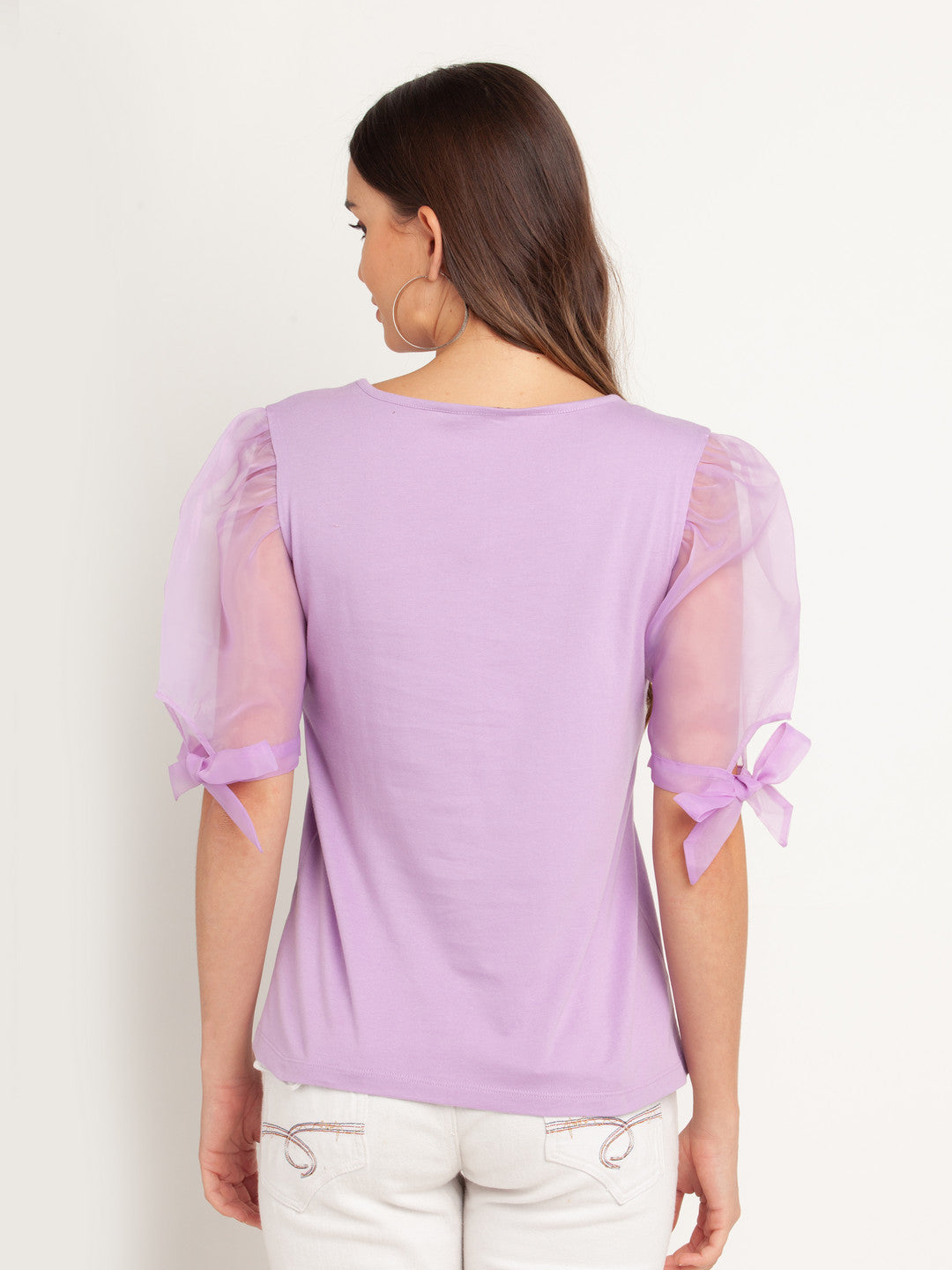 Purple Solid Short Sleeves Top For Women