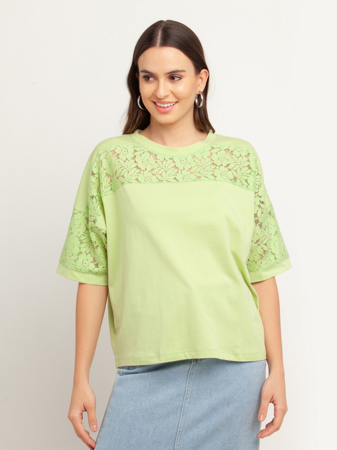 Green Solid Short Sleeves Top For Women