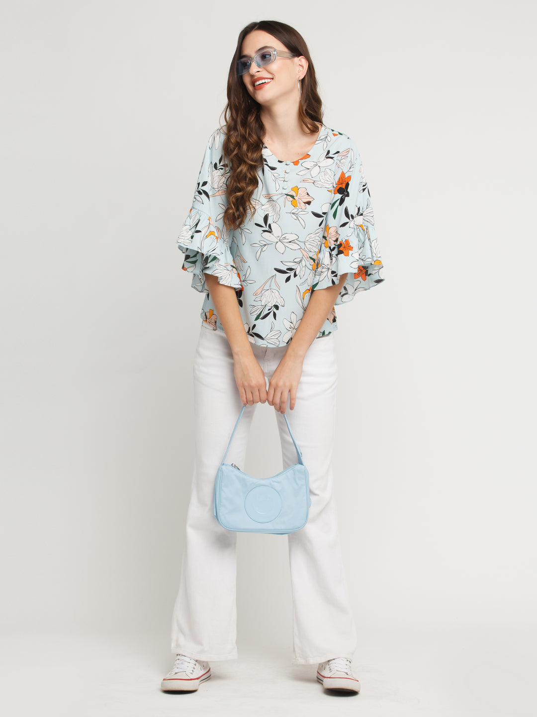 Blue Printed Flared Sleeve Top