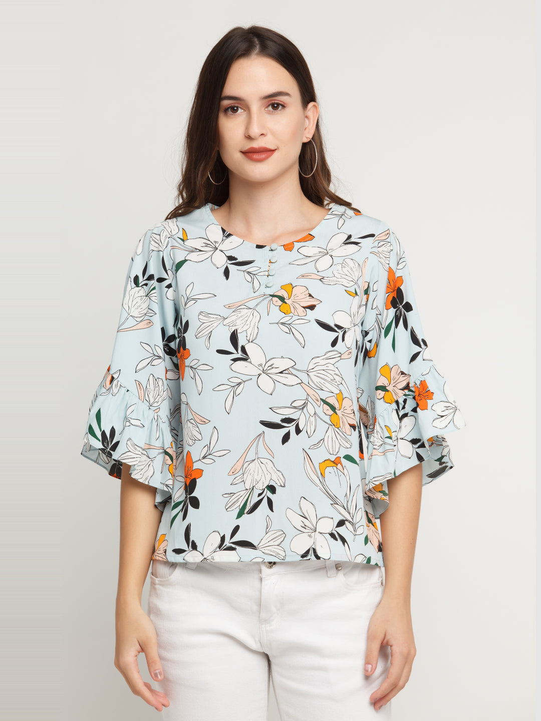 Blue Printed Flared Sleeve Top