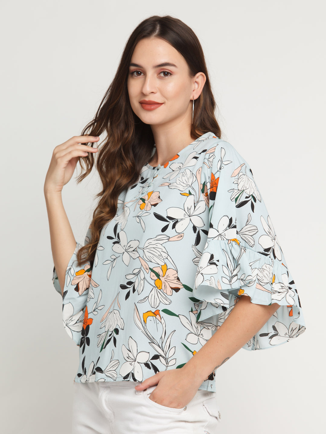 Blue Printed Flared Sleeve Top For Women