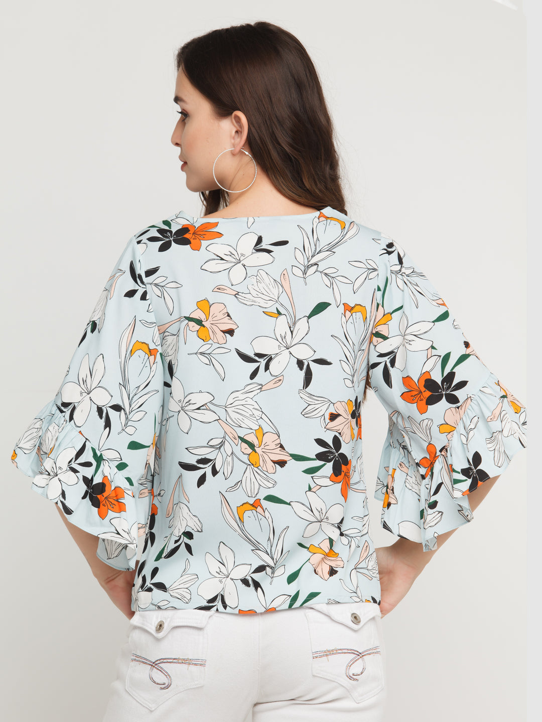 Blue Printed Flared Sleeve Top For Women