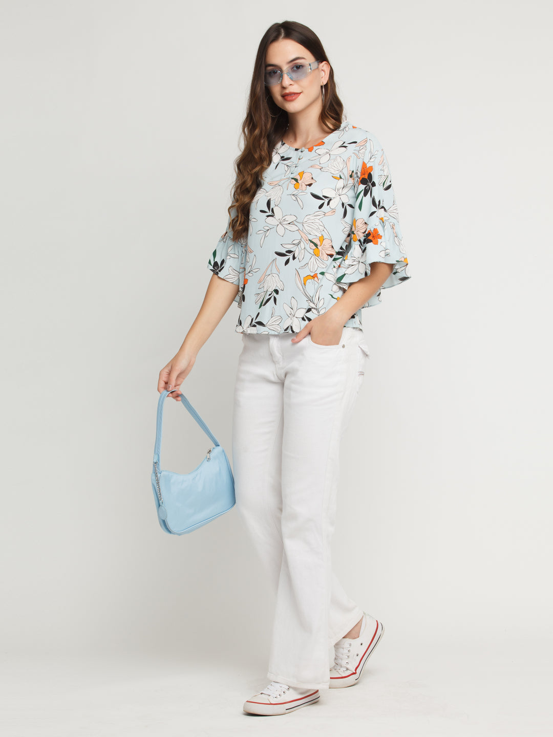 Blue Printed Flared Sleeve Top For Women