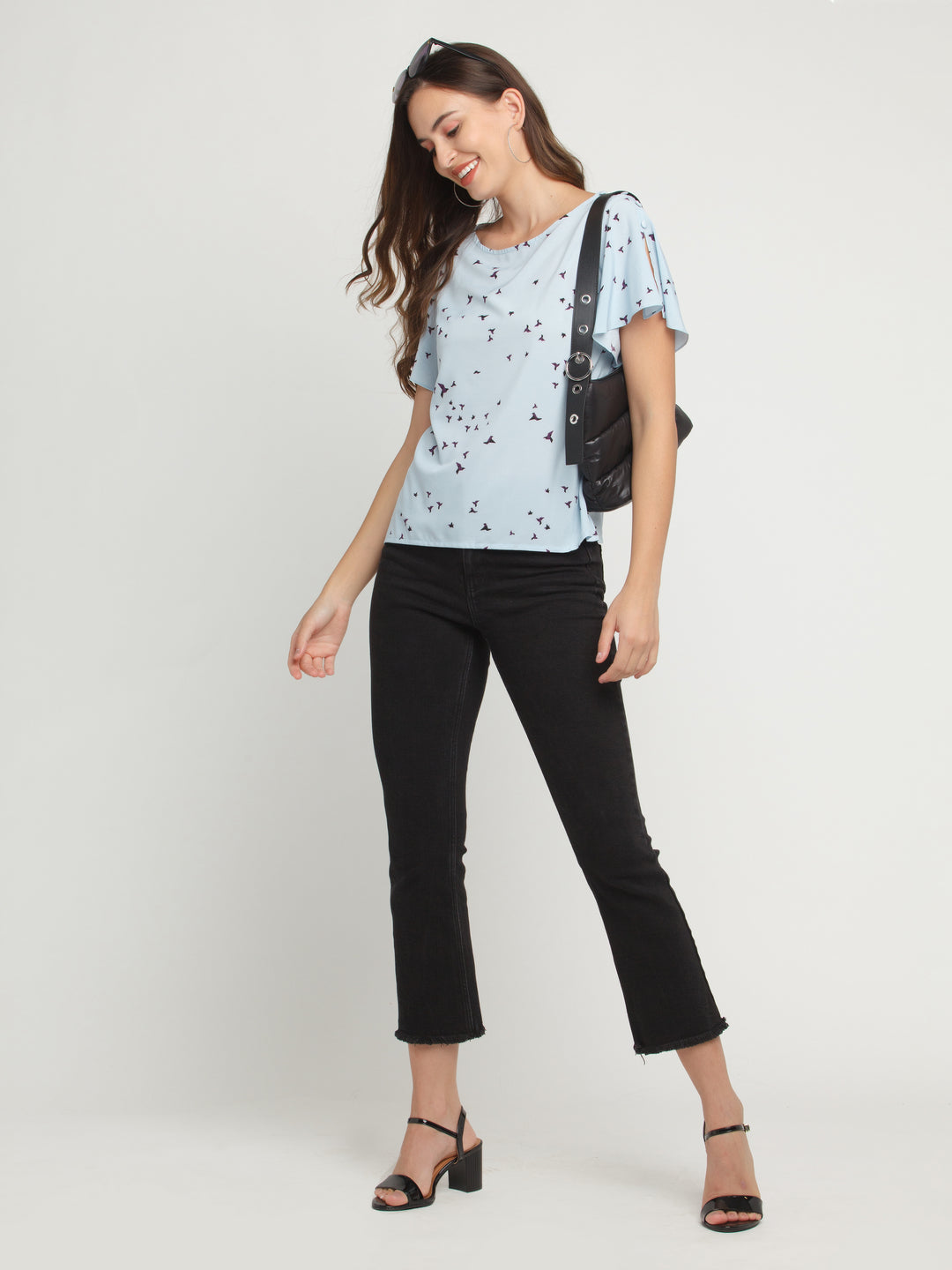 Blue Printed Flared Sleeve Top