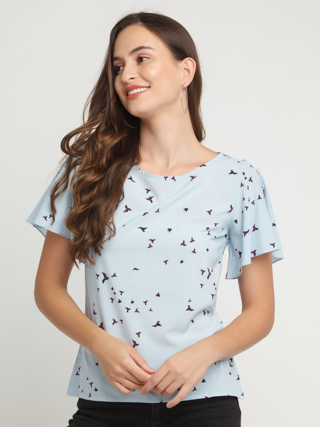 Blue Printed Flared Sleeve Top