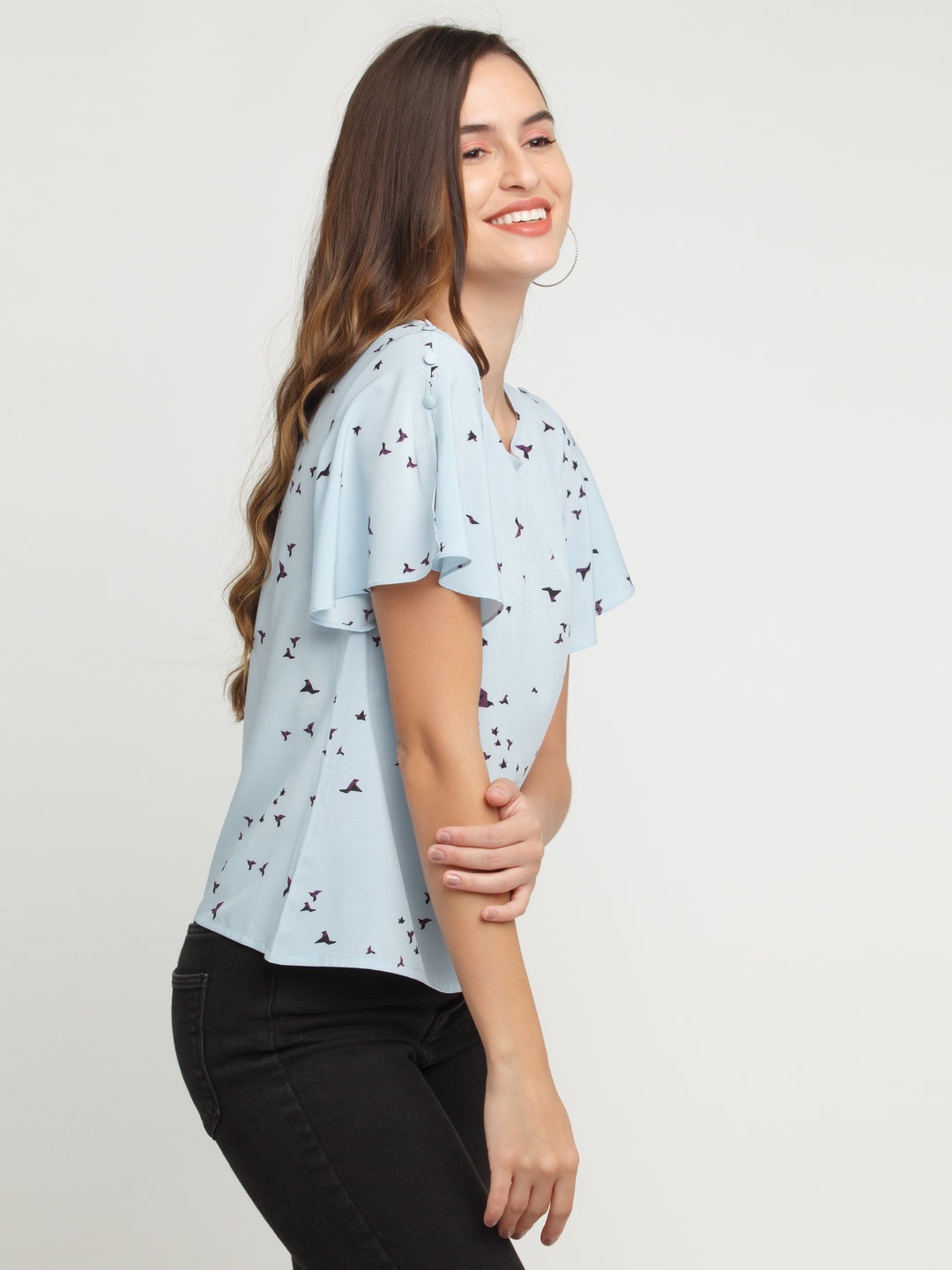 Blue Printed Flared Sleeve Top