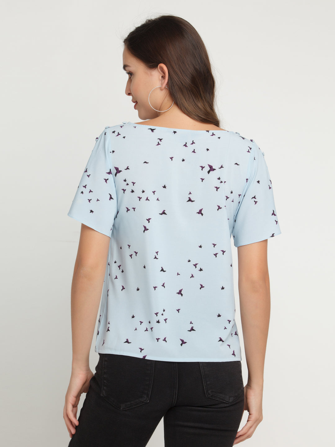 Blue Printed Flared Sleeve Top