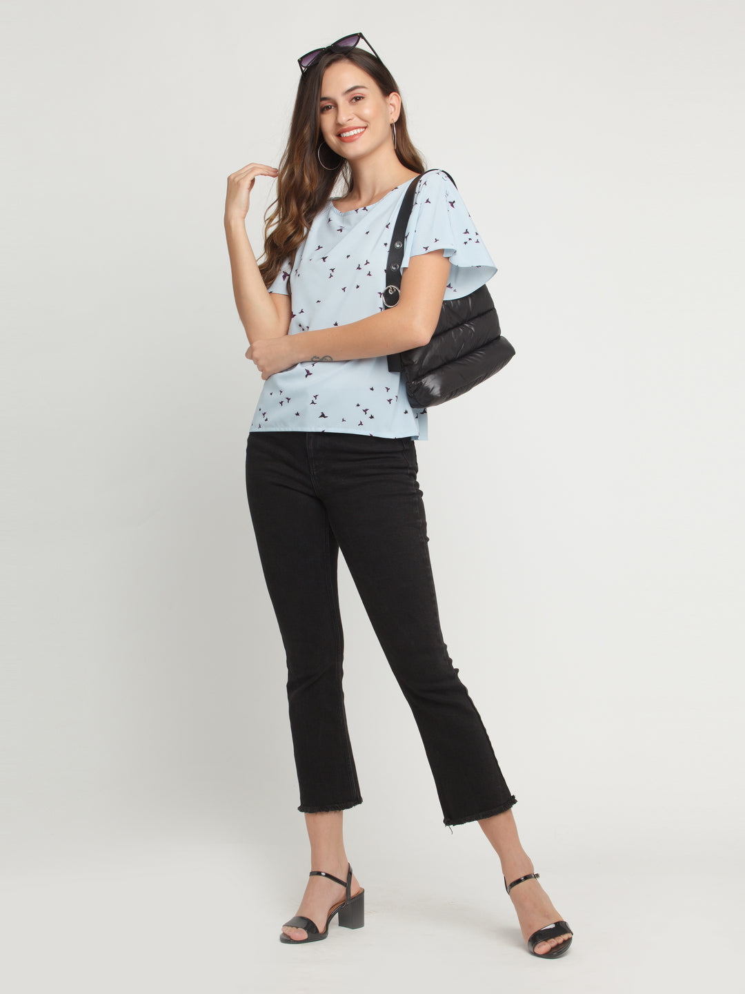 Blue Printed Flared Sleeve Top