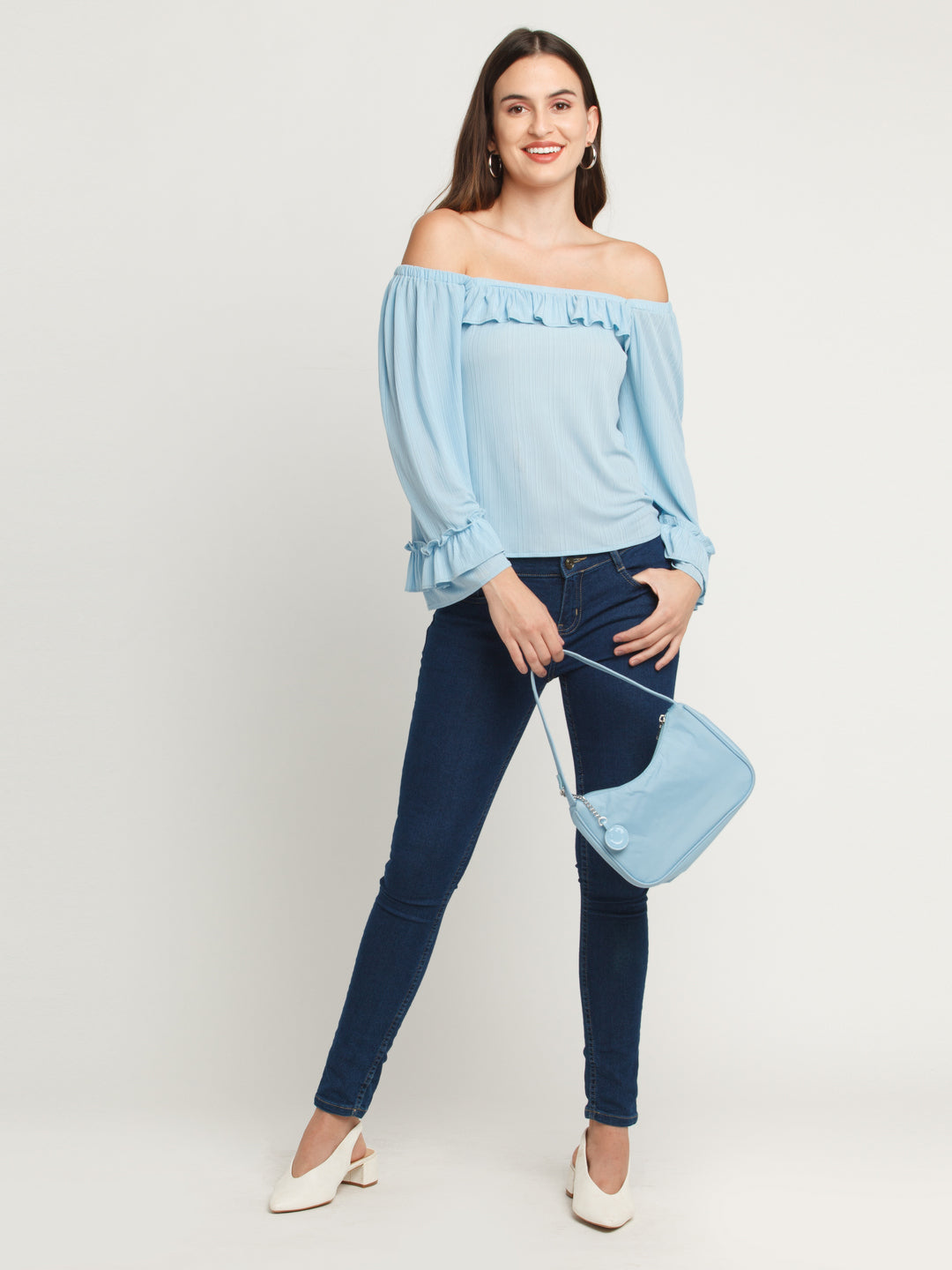 Blue Solid Ruffles Top