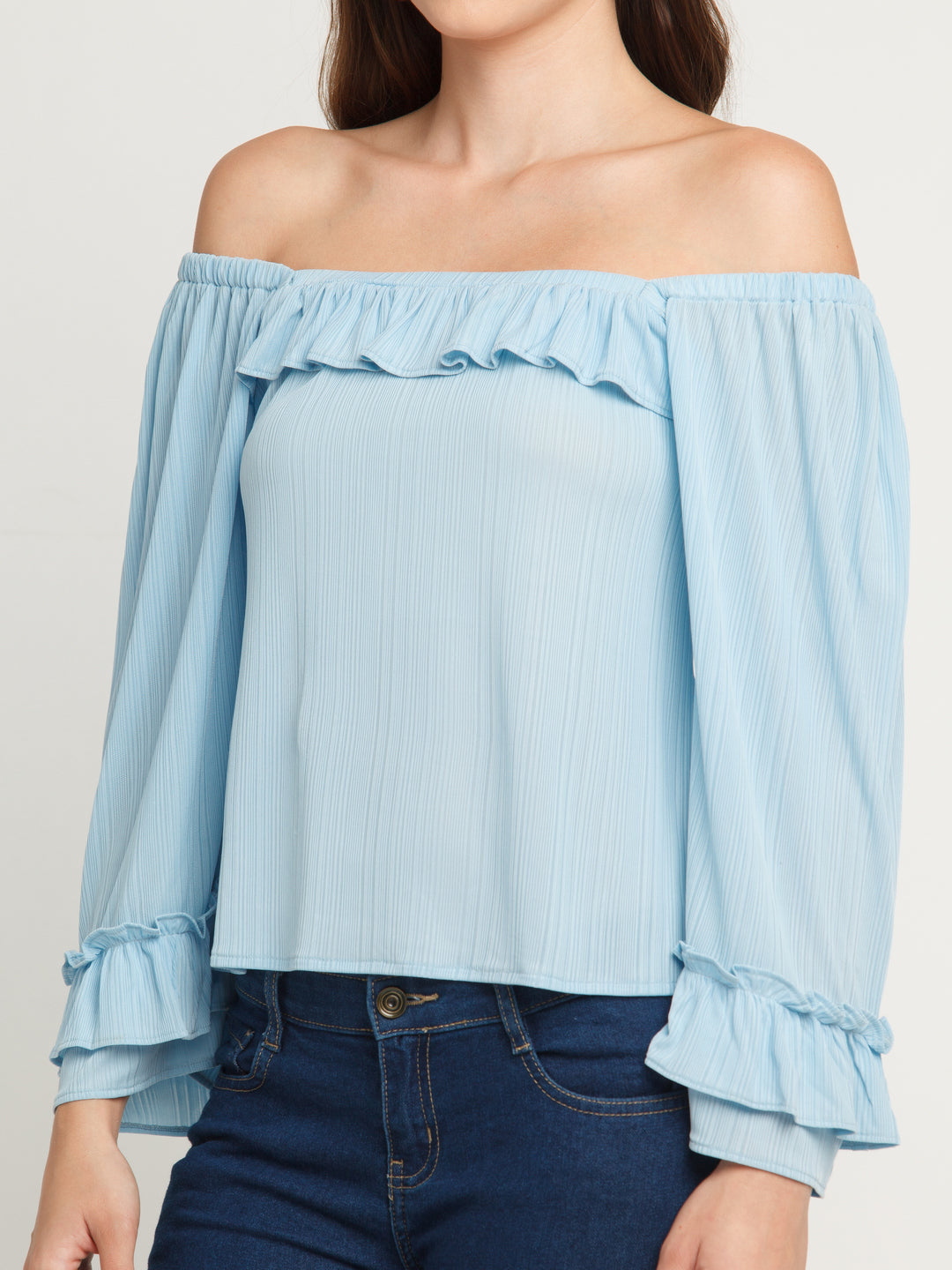 Blue Solid Ruffles Top