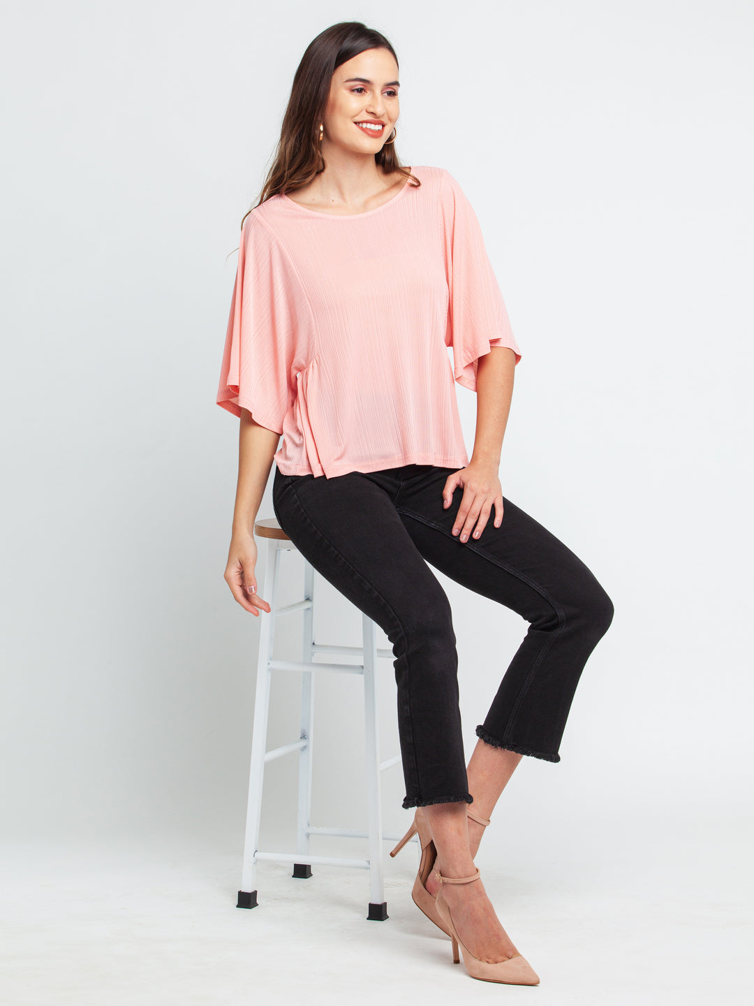 Pink Solid Flared Sleeve Top