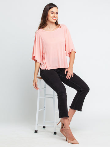 Pink Solid Flared Sleeve Top For Women