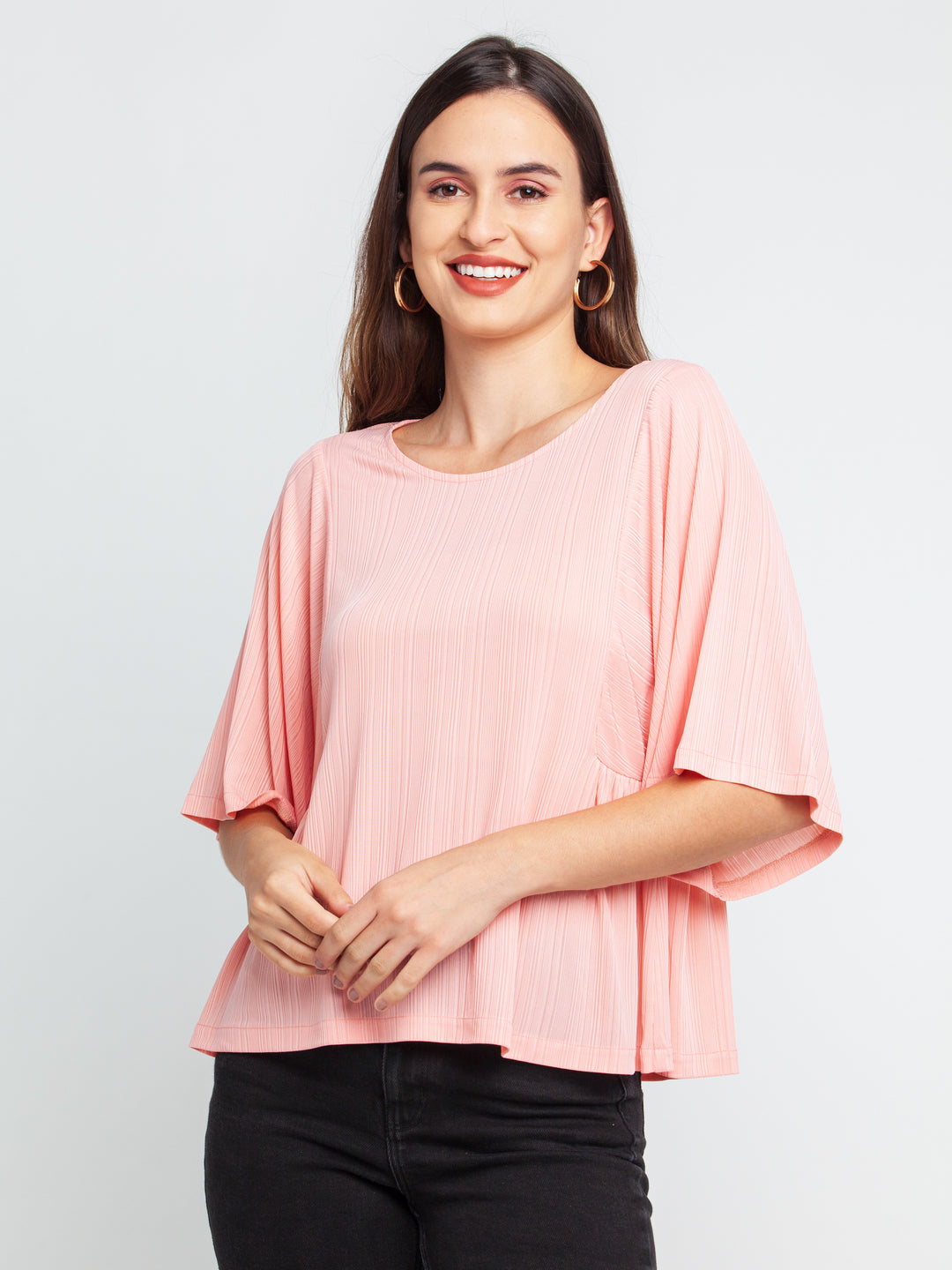 Pink Solid Flared Sleeve Top