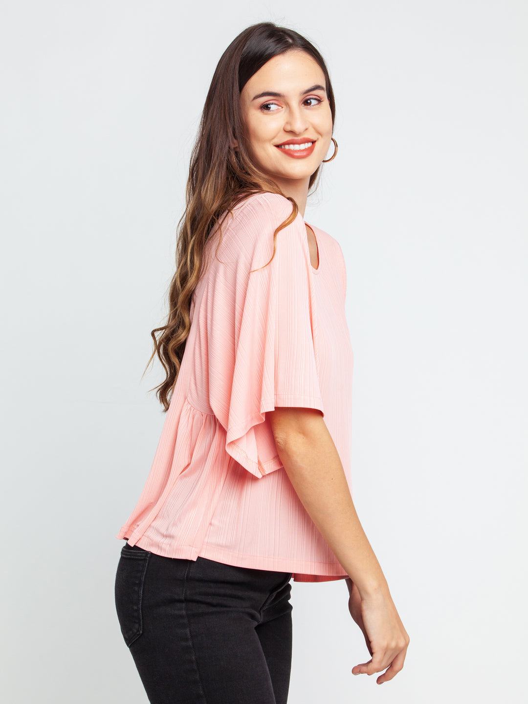 Pink Solid Flared Sleeve Top