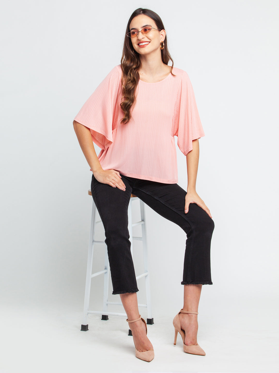 Pink Solid Flared Sleeve Top