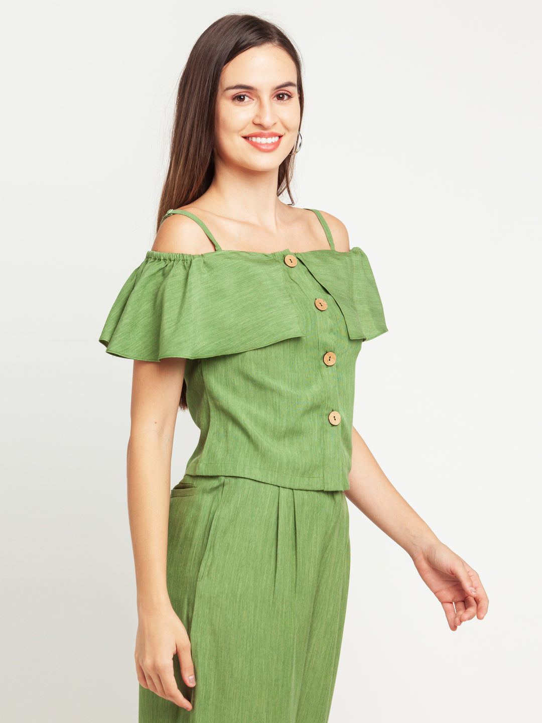 Green Solid Strappy Top For Women