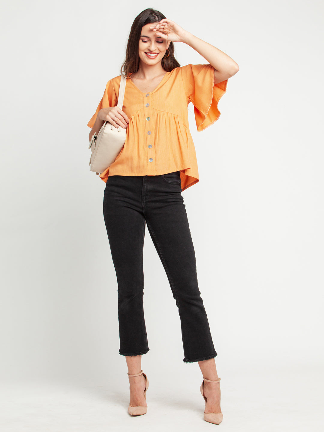 Peach Solid Lace Insert Top For Women