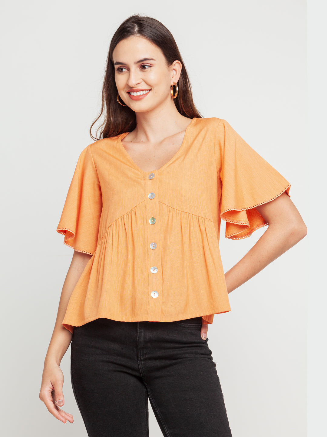 Peach Solid Lace Insert Top For Women