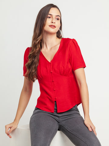 Red Solid Gathered Top For Women