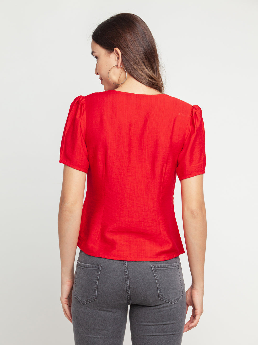 Red Solid Gathered Top For Women