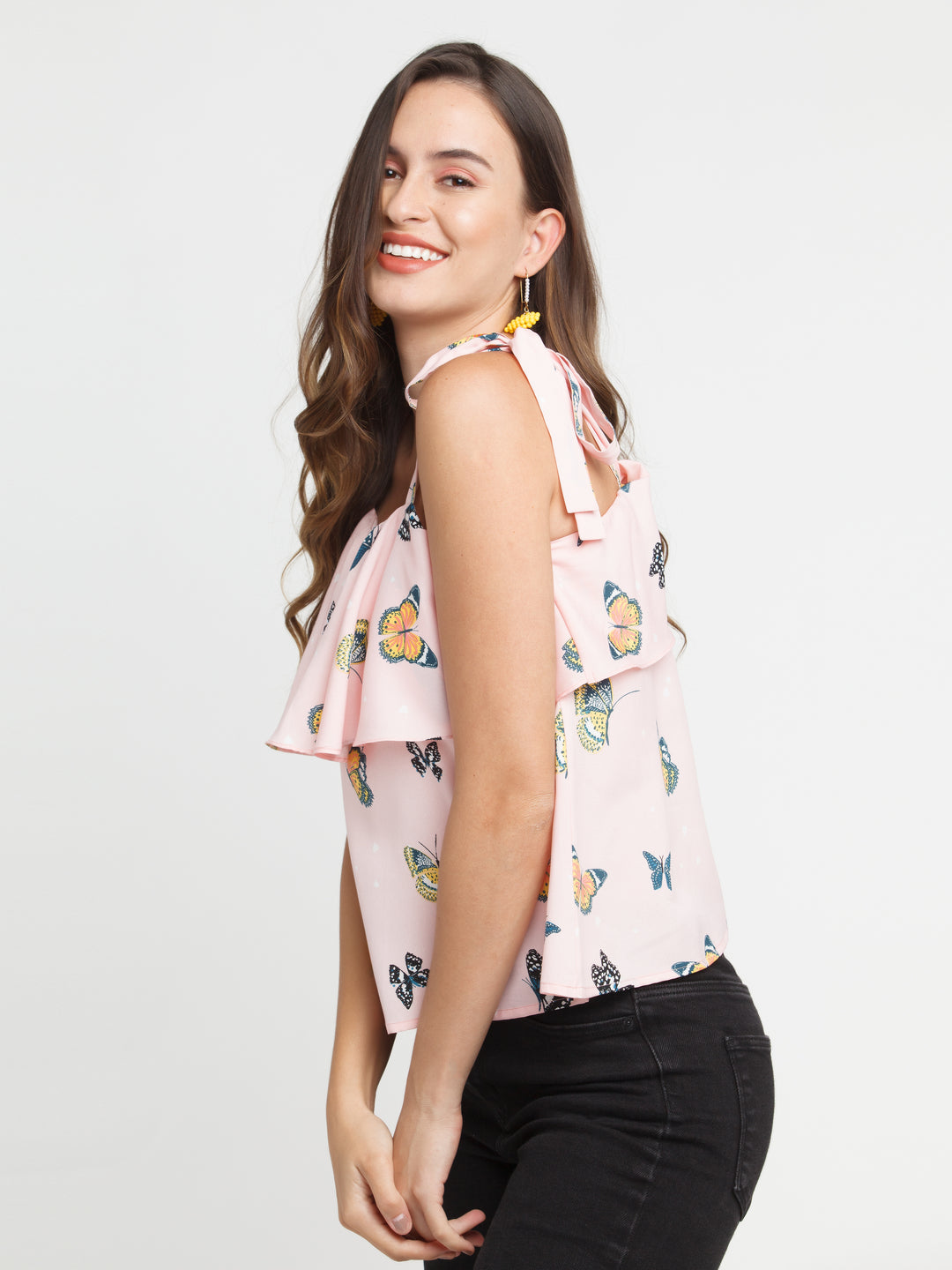 Pink Printed Ruffled Top For Women