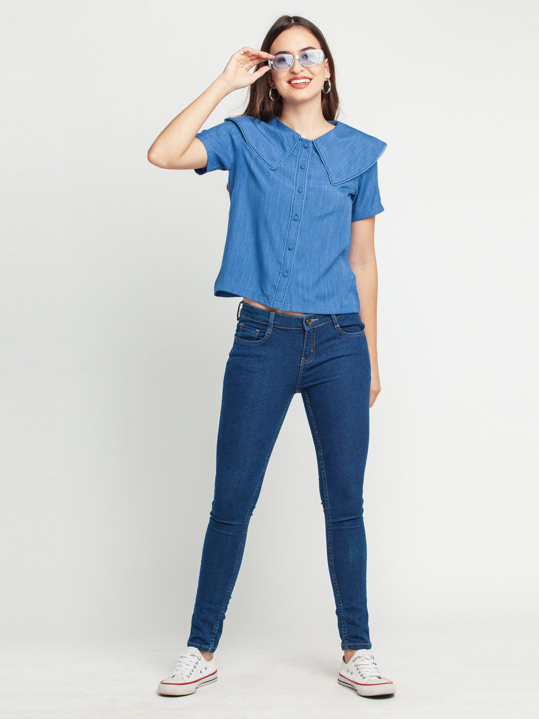 Blue Solid Lace Insert Shirt