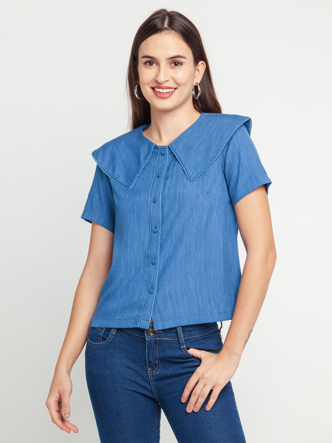 Blue Solid Lace Insert Shirt