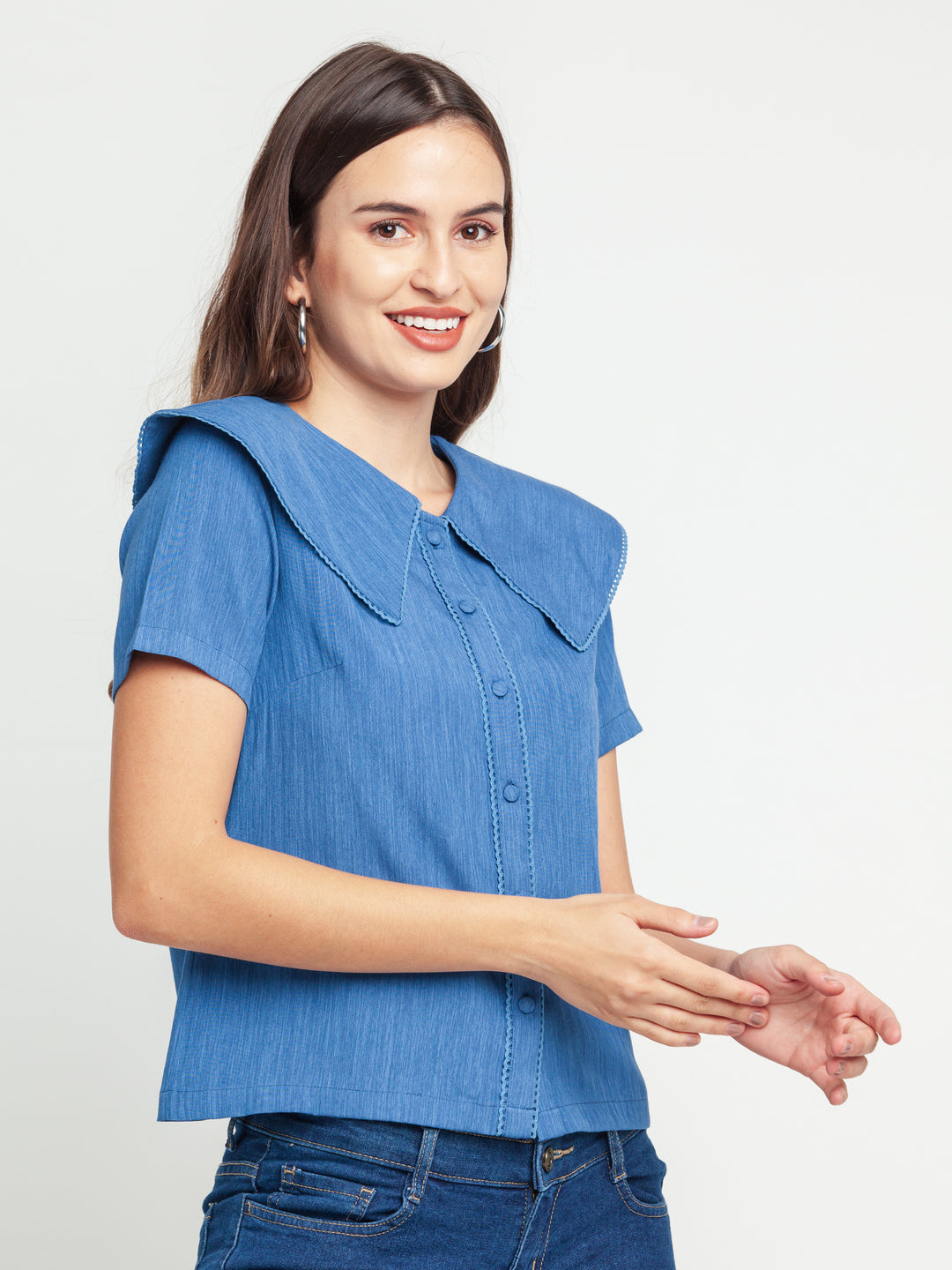 Blue Solid Lace Insert Shirt