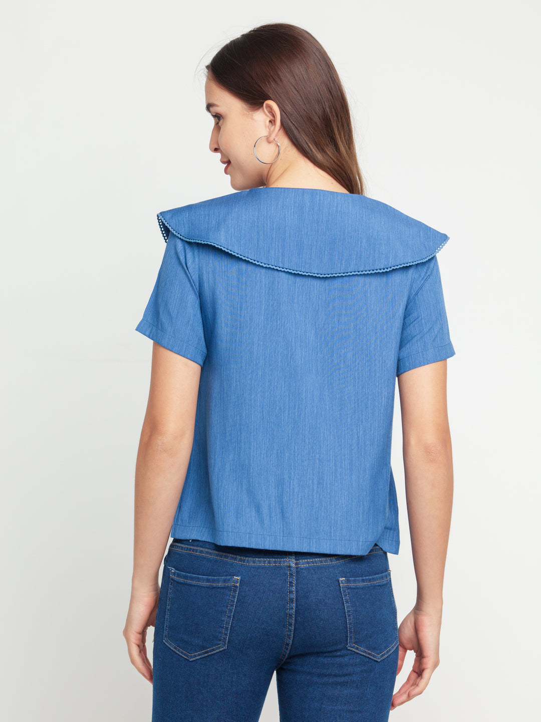 Blue Solid Lace Insert Shirt