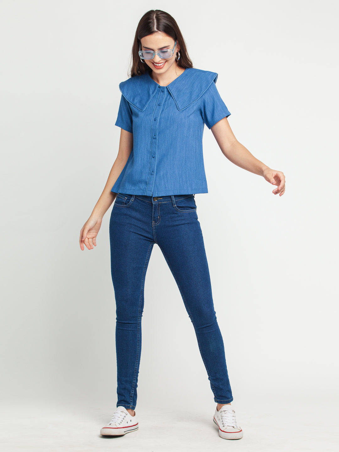 Blue Solid Lace Insert Shirt For Women