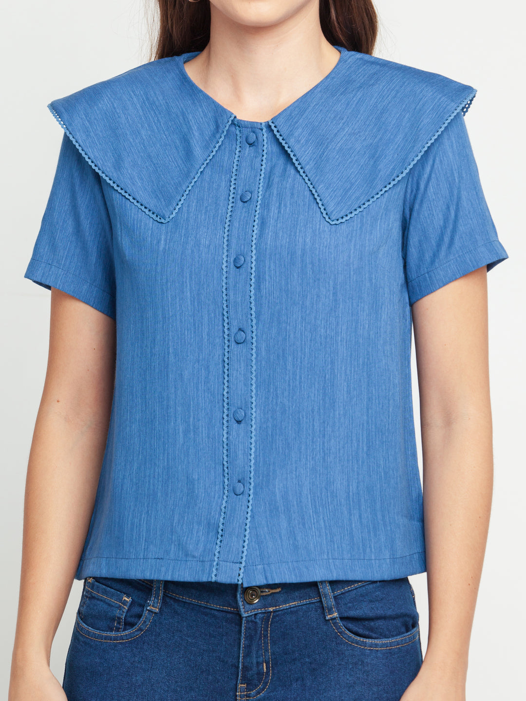 Blue Solid Lace Insert Shirt For Women