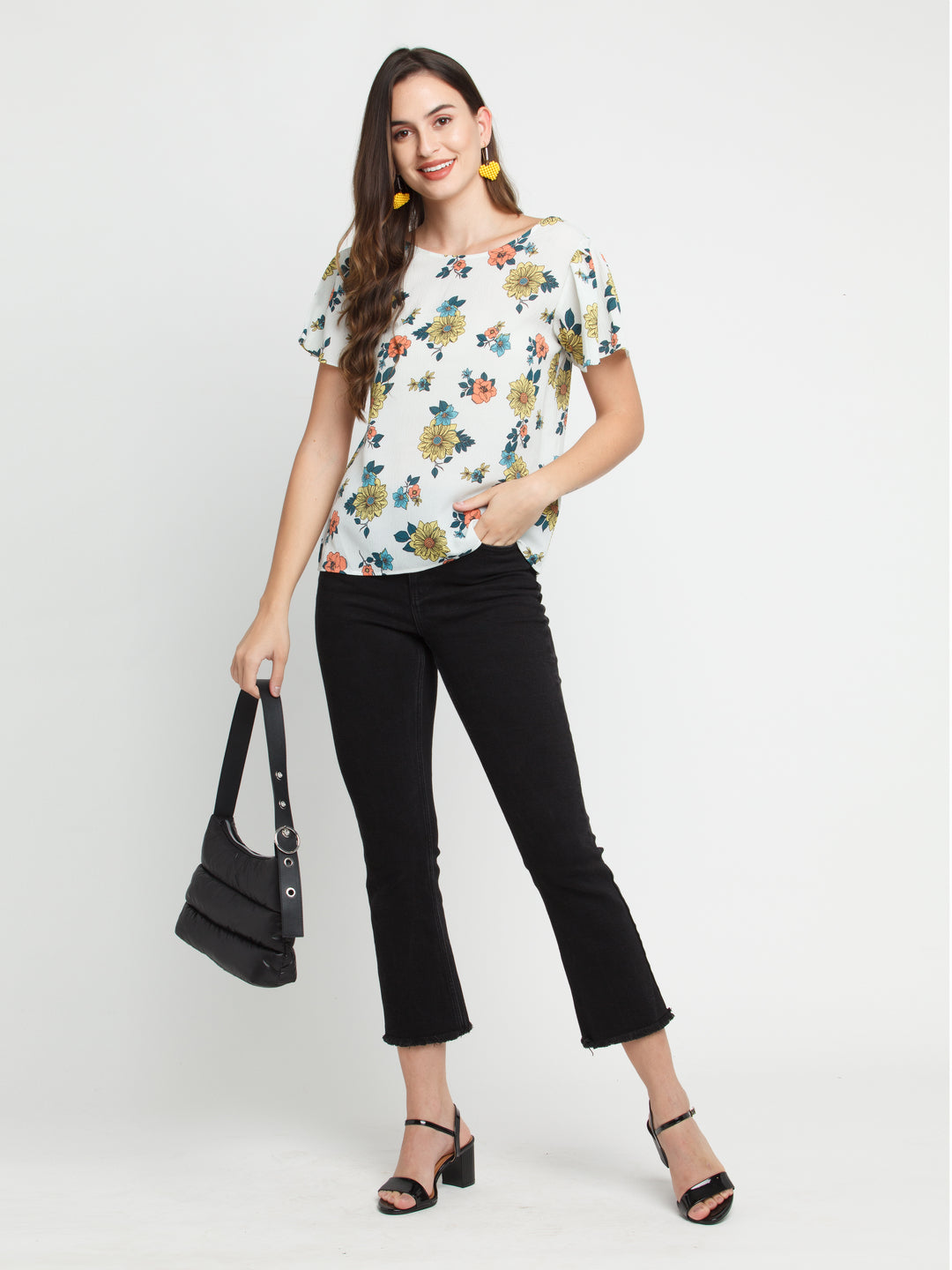 Off White Printed Flared Sleeve Top For Women