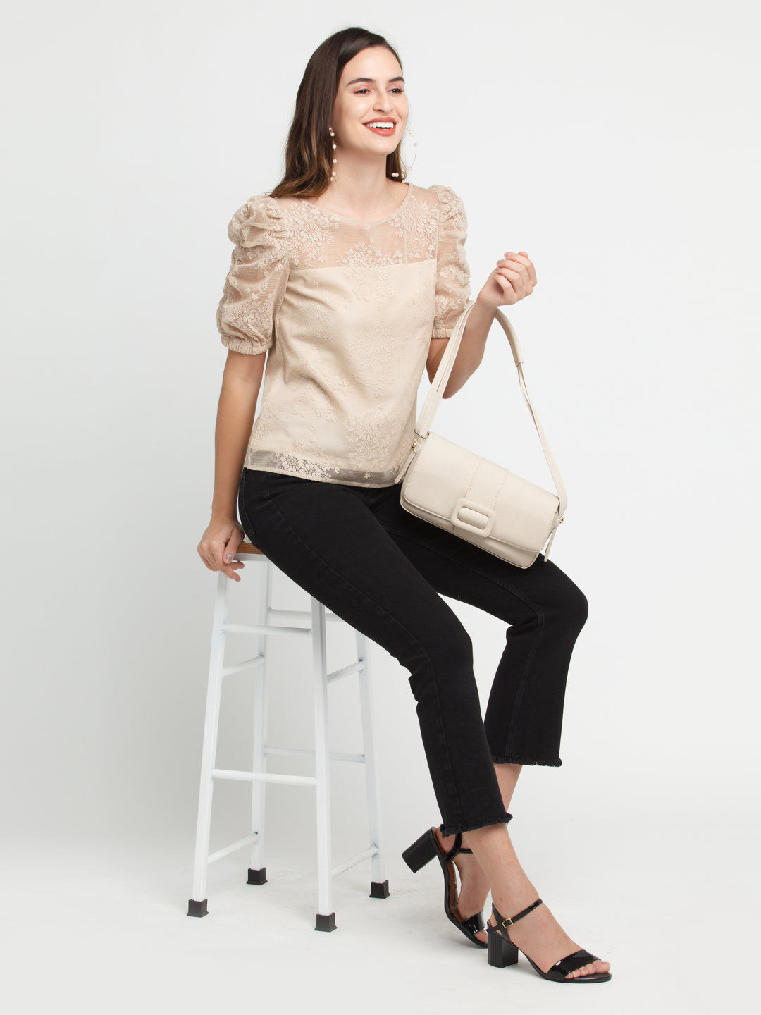 Beige Lace Puff Sleeve Top