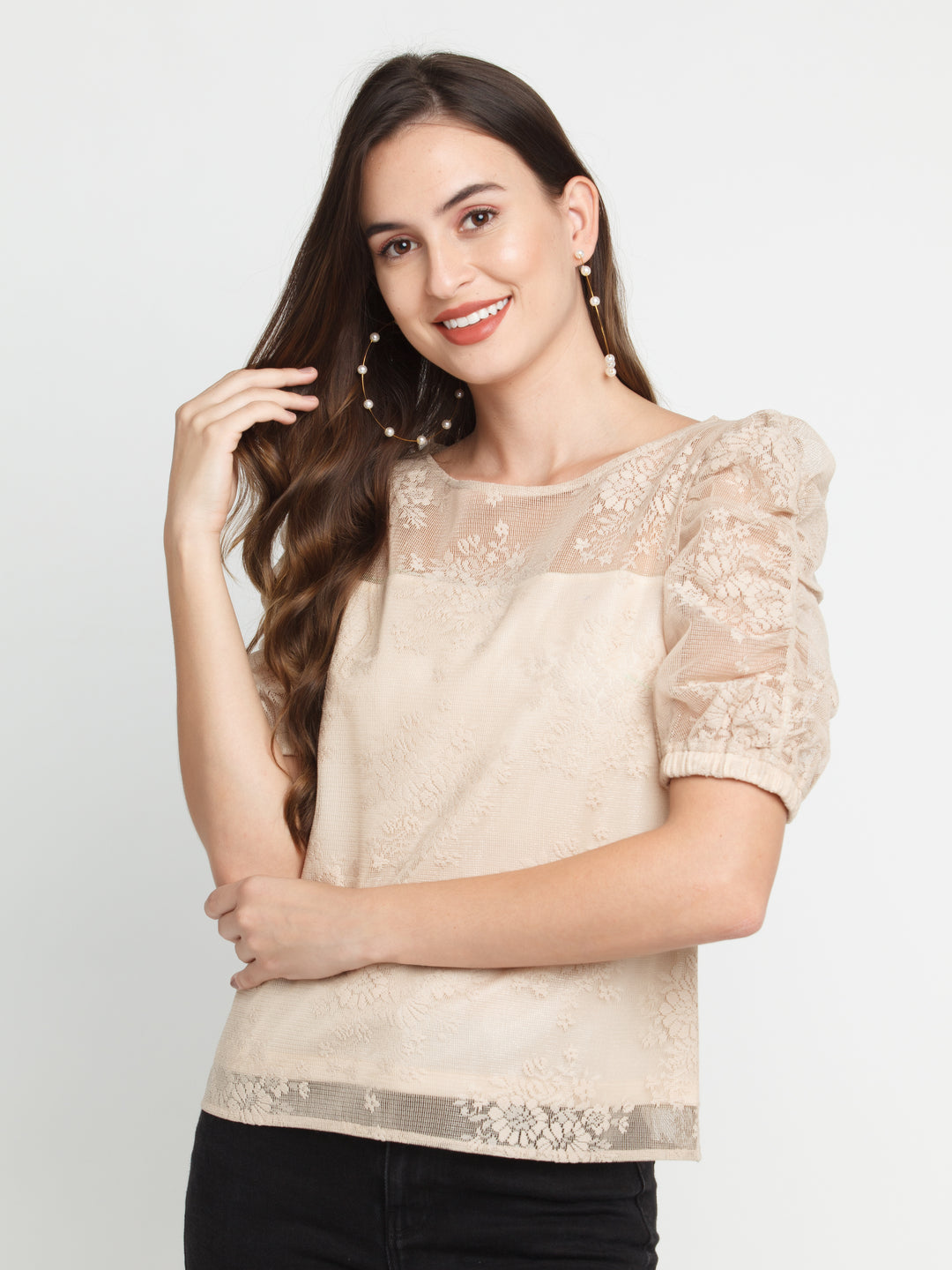 Beige Lace Puff Sleeve Top