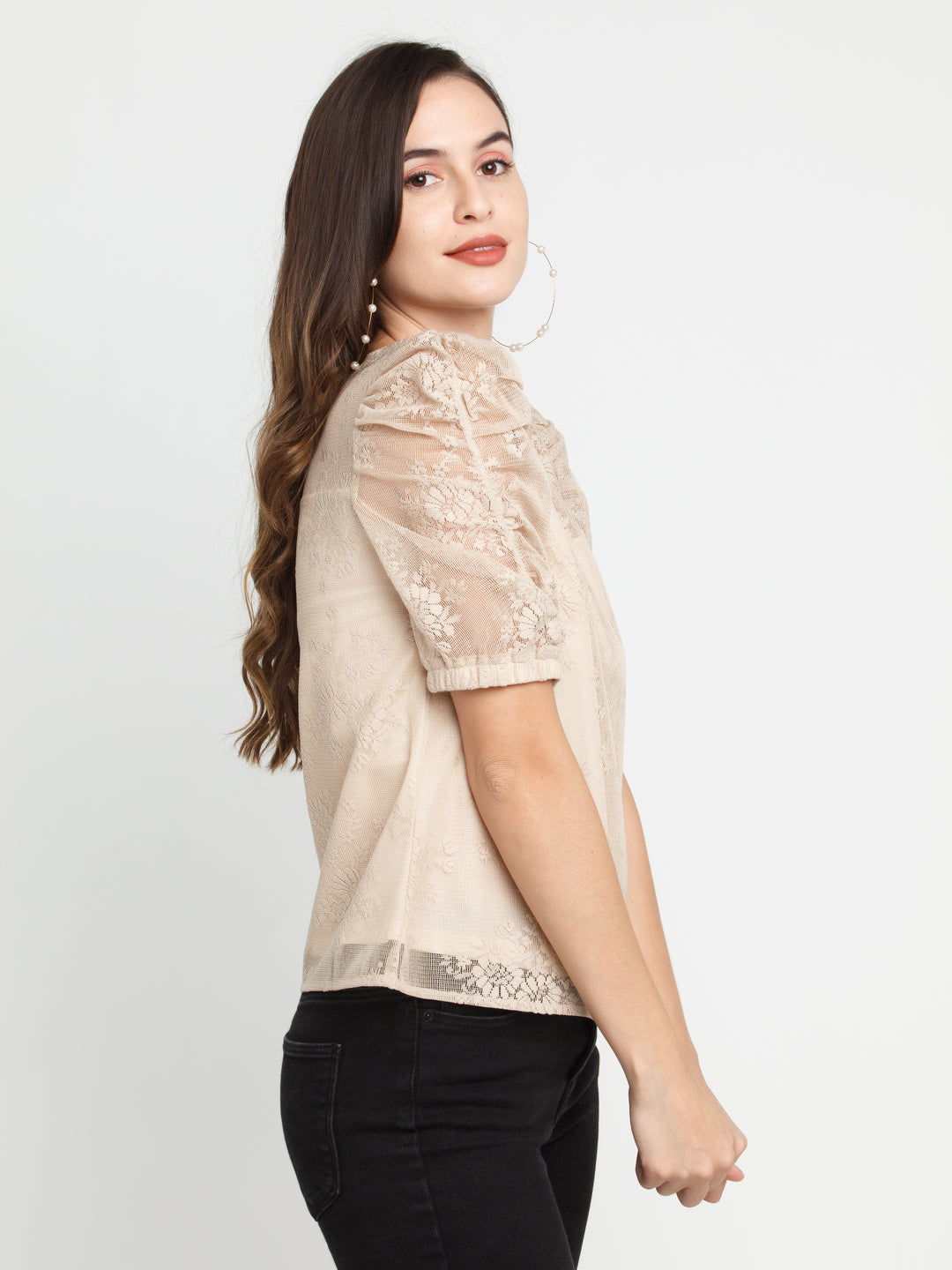 Beige Lace Puff Sleeve Top