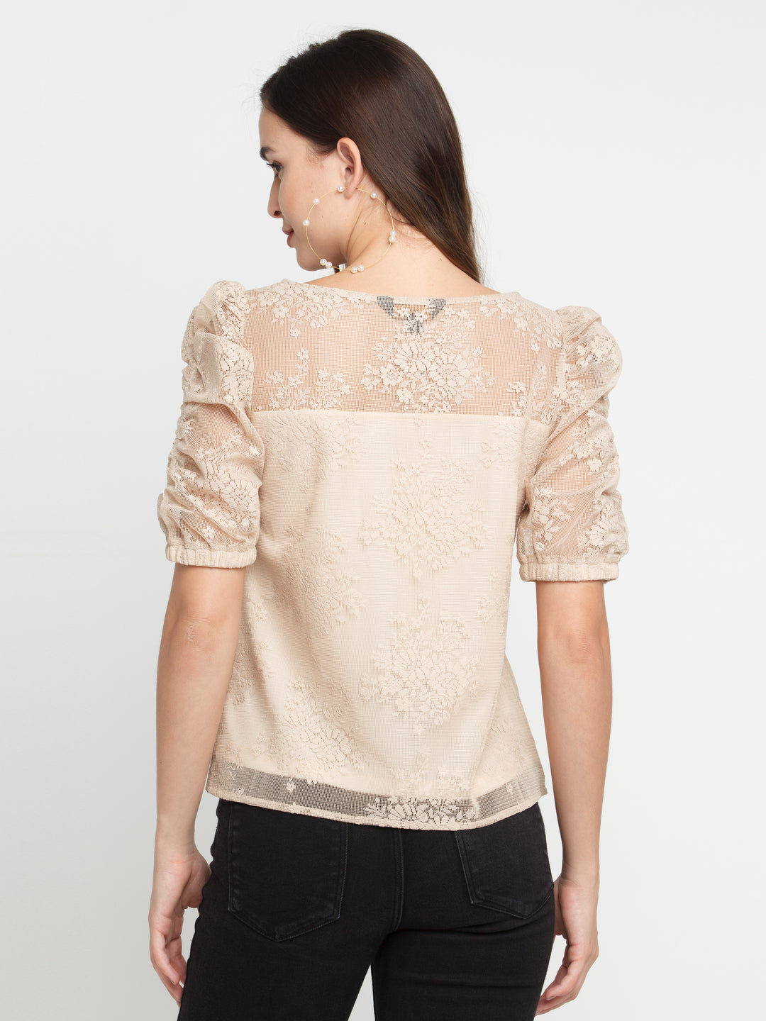 Beige Lace Puff Sleeve Top